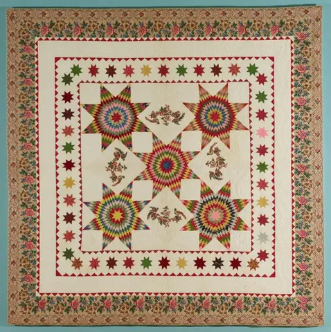 Attributed to Mary Seeds Moon (American, born ca. 1806), "Lone Star" appliqued chintz and pieced quilt, Baltimore, ca. 1840, cotton. Jonathan and Karin Fielding Collection, L2018.3.1 