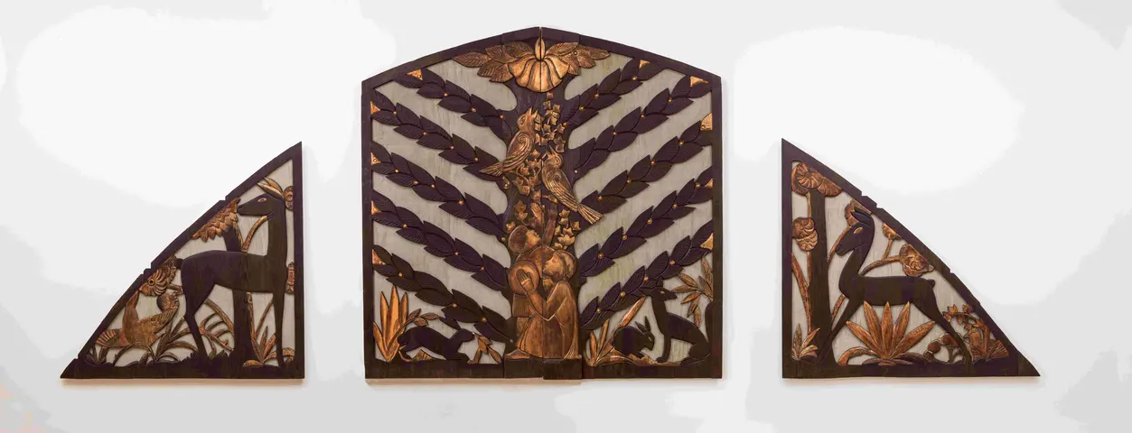 Sargent Claude Johnson, Organ Screen, 1937, carved, gilded and painted redwood, executed in four parts. 