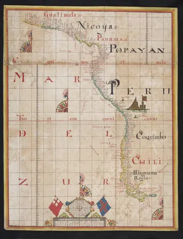 William Hacke, Buccaneer's Atlas, circa 1684, iron gall, red ink, and watercolor on paper. Call number: mssHM 265. The Huntington Library, Art Museum, and Botanical Gardens.