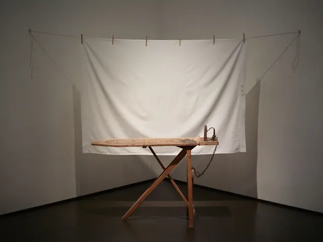 <p><span><span>Betye Saar (United States, born 1926, active Los Angeles), <em>I’ll Bend But I Will Not Break</em>, 1998. Mixed media including vintage ironing board, fl at iron, chain, white bedsheet, wood clothespins, and rope. Los Angeles County Museum of Art, Gift of Lynda and Stewart Resnick through the 2018 Collectors Committee (M.2018.76.1–5). © Betye Saar</span></span></p>
