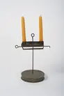 Tin candle lamp with wire stem topped with finger or hanging loop; a tin tray holds the two candle holder and slides up and down the stem.