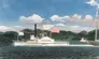 Oil painting of the profile of a steamship on the water in front of green hills; the boat is flying an American flag and towing a sloop with a tall mast, the sloop's back half cut off from view by the edge of the canvas.