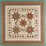 Elaborate fabric quilt featuring an arrangement of five star shapes in the center, surrounded by a border of smaller star shapes and an outermost border of appliqued fabric in a floral pattern.