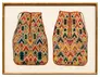 Two embroidered fabric pockets in the shape of small sacks with multicolored flame-like patterns stitched neatly in combinations of red, green, blue and yellow.