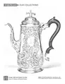 A coloring page of a decorated silver coffee pot with a wood handle.