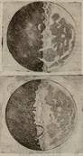 Two illustrations of the moon showing a jagged line down the center. The top illustration has the line almost exactly in the middle and the bottom illustration has the line slightly to the left. To the left of the lines the moon is dark and to the right of the lines the moon is light.	