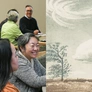 A collage of images, on left a group of smiling people at tables, on right an artwork depicting a tree in the wind.