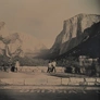 A grayscale image of people near a paved road in a national park with large mountains and a forested valley.