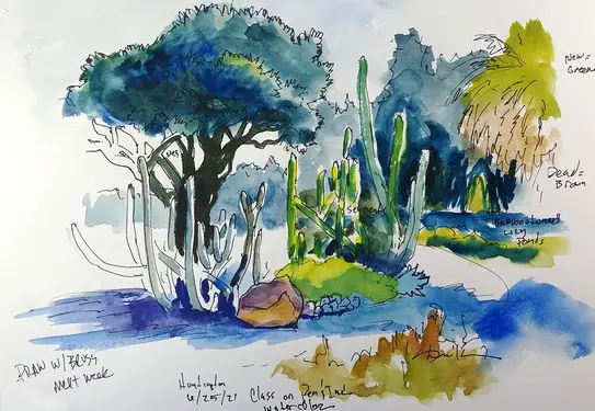 watercolor sketch of desert garden