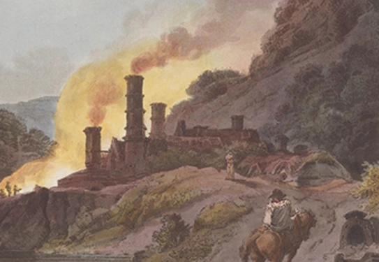 Aquatint depicting smoke rising from chimneys, in the foreground a person rides a horse, followed by a dog.