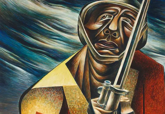 Art deco painting of a soldier grasping a gun, looking toward the sky.