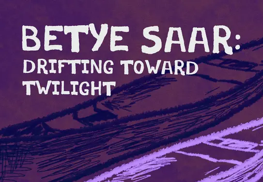 A purple background with a sketch of a canoe. Text reads "Betye Saar: Drifting Toward Twilight"