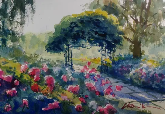 A watercolor painting of path in a rose garden with trees.