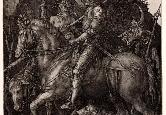 Black and white drawing of a knight on a horse.