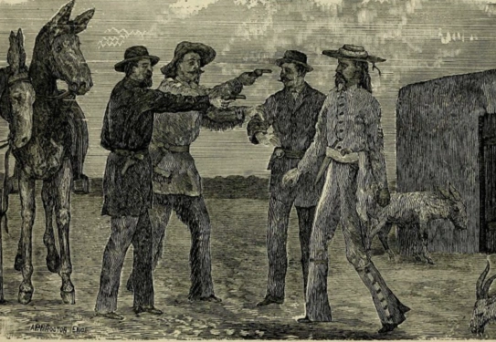 Pencil drawing of two men in hats pointing guns at another two people outside of a barn.