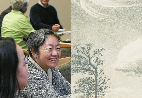 A collage of images, on left a group of smiling people at tables, on right an artwork depicting a tree in the wind.