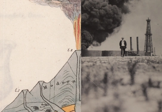 A composite image, on left a detail of an illustration of a volcano, on right a photo of a person walking away from an oil fire.