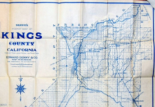 Map of Kings County, California, with an outline of Tulare Lake.