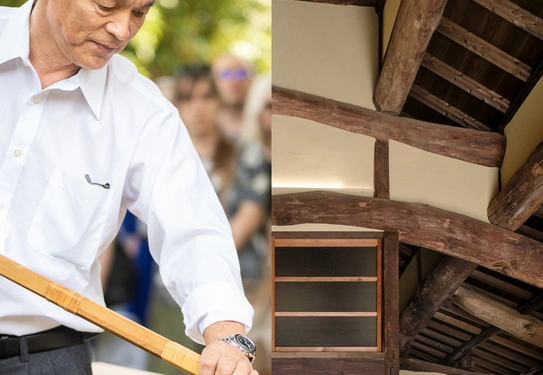 A collage of a person in a white shirt, holding a tool, and a view of exposed wood beams in the architecture of a traditional Japanese building. 