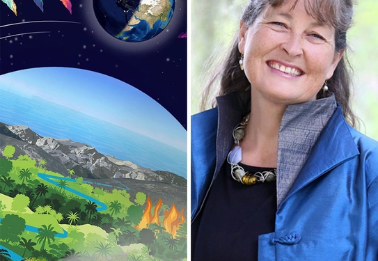 Collage of various ecosystems and planets in space (left) and a person smiling at the camera (right).