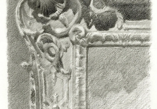 A pencil sketch of the corner of an ornate artwork frame.