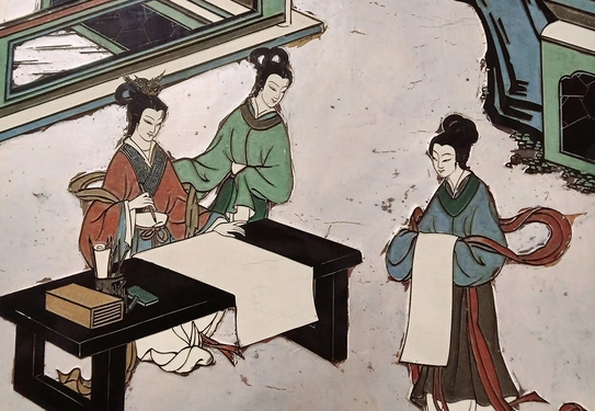 Chinese painting of three women preparing to write on parchment scrolls.