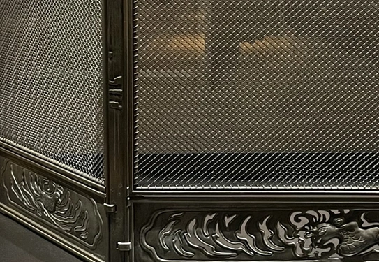 A close-up view of a metal fireplace grate with an ornate border at the bottom.