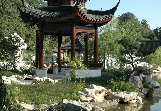 The Huntington's Chinese garden, named the Garden of Flowing Fragrance, Liu Fang Yuan, features a complex of tile-roofed pavilions situated around a large lake and showcases many plants native to China. Pictured: The Pavilion of the Three Friends. The Huntington Library, Art Museum, and Botanical Gardens.