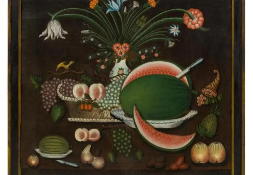 Painting with spray of flowers in a vase at the center top above a watermelon and basket, with various fruit like grapes and peaches spread around the bottom.