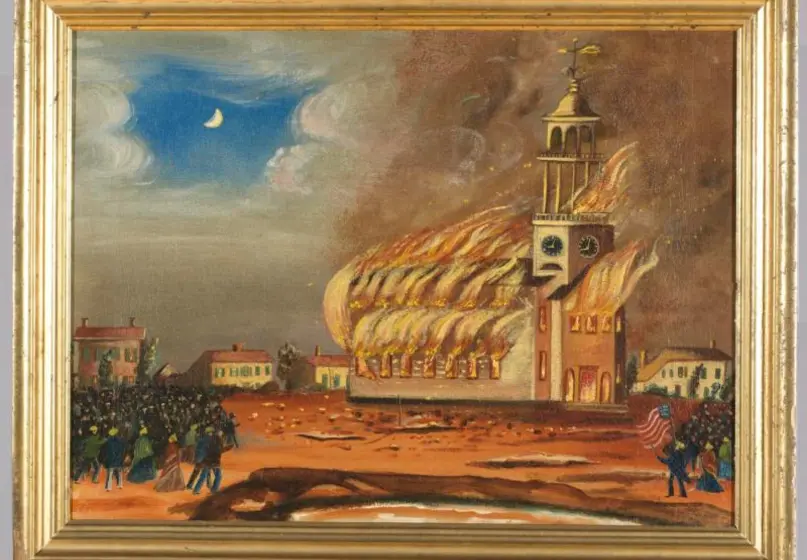 Painting of two-story wooden church with tall steeple, engulfed in fire with flames coming out of all windows; crowds gathered at a distance to watch. 