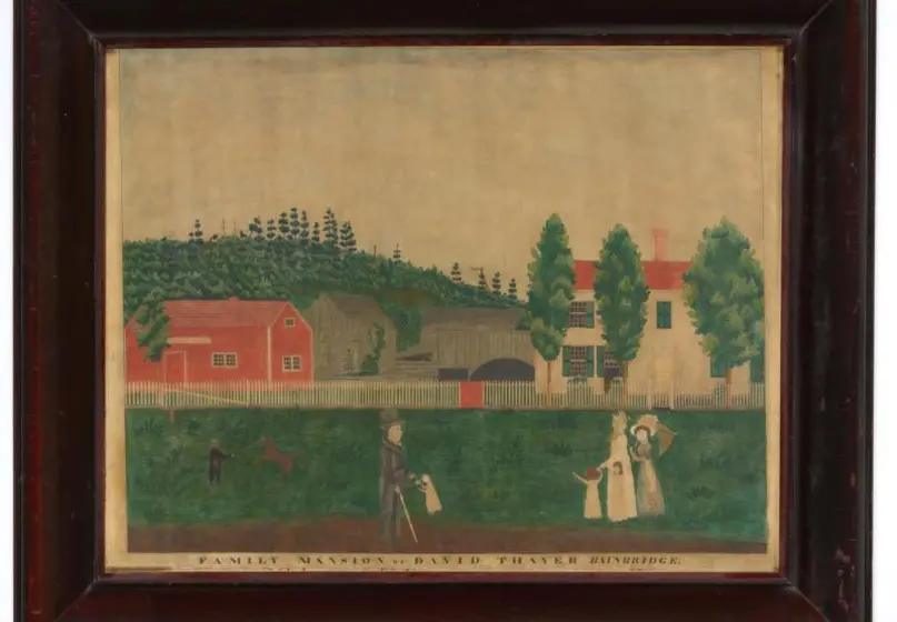 Watercolor of a man and child walking on a path, a woman and three girls walking on a lawn, and a boy playing with a horse; buildings in the background.   