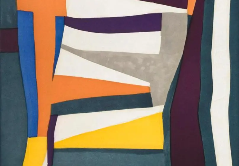 Print on paper of a fabric quilt with an arrangement of rectangles and triangles that creates a ladder-like arrangement at the center; rectangles and wedges of different colors, predominantly in orange, yellow, white, eggplant purple, grey, and teal. 