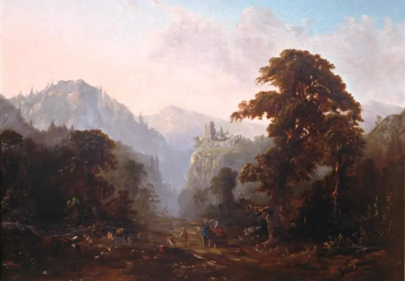 Oil painting of sweeping landscape with tall mountains in the background, the ruins of a building on a distant cliff, and small figures on foot and horseback at the center.