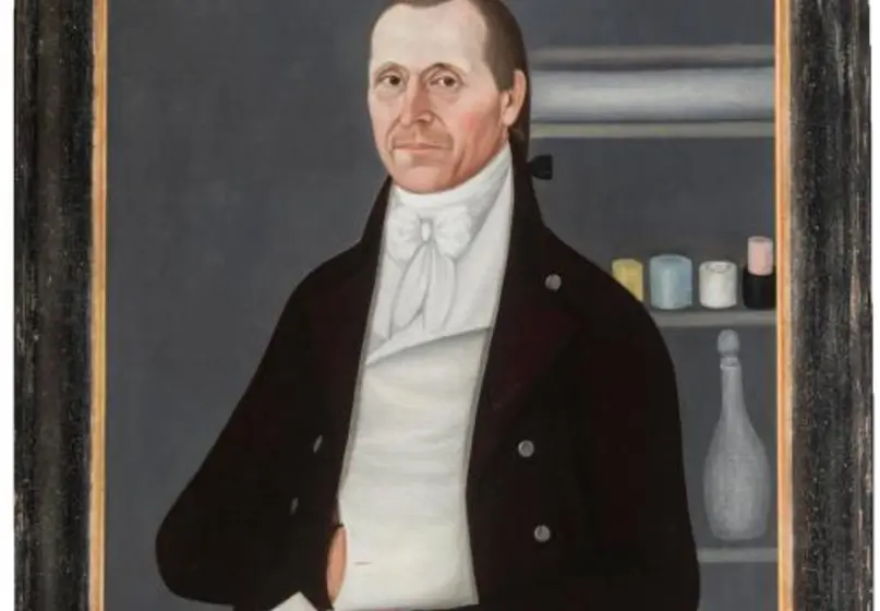 Painting of white man in a jacket standing in front of shelves containing spools of thread, placing his right hand in his vest and holding a note in his left.