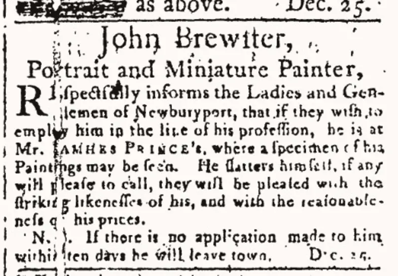 An ad placed by artist John Brewster in the Newburyport, Massachusetts Herald and Country Gazette.