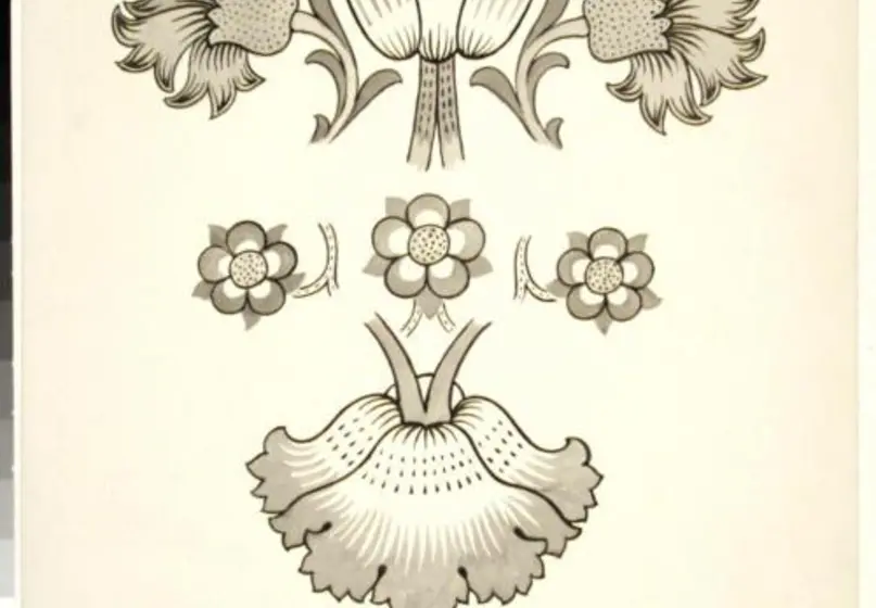 A separation drawing of four blossoms, including small daisies and carnations.