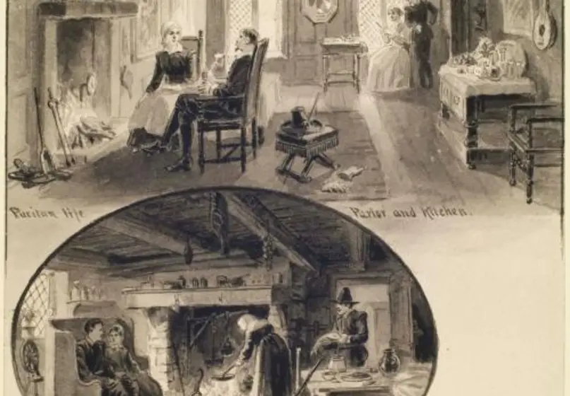 Ink drawing of two separate interior, domestic scene with figures gathered around a fireplace; accessories like pilgrim hats, a spinning wheel and kitchen equipment scattered throughout.