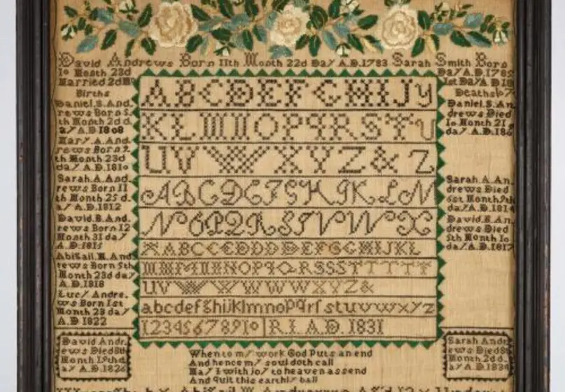 Embroidery with square in the middle containing the alphabet repeated in different fonts; family names and vital dates surround the square and the maker's name, age, and school are at the bottom below a verse.