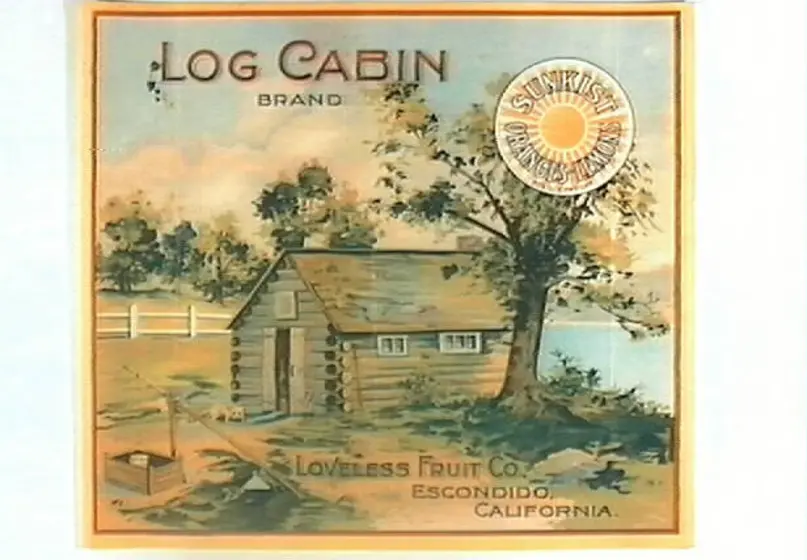 Image of a log cabin next to a tree and a lake, with a water well, bucket and dog out front; Sunkist Oranges-Lemons sunburst logo at upper right.