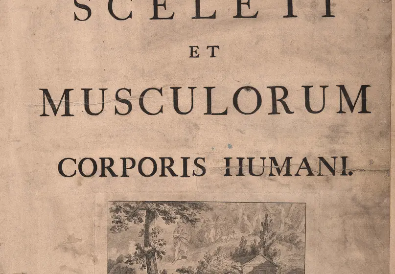 Faded printed text reading: BERNARDI SIGFRIED ALBINUS TABULAE SCLETI ET MUSCULORUM CORPORIS HUMANI. Below the text is an illustration of a person dissecting a body, either human or monkey.