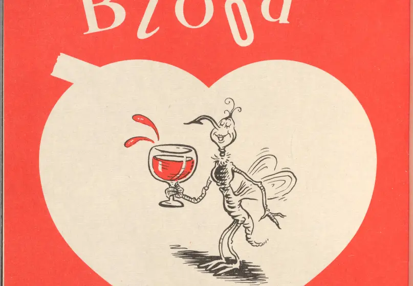 A red page with a white heart in the center. Inside the heart is a mosquito holding a glass full of red liquid. White text at the top reads: ...she drinks Blood