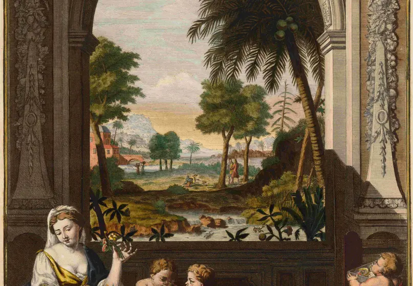 Printed illustration of a white woman and six babies in the foreground playing with plants and animals. The background is framed by a Roman-style arch and depicts a tropical scene.