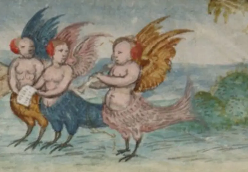 Illustration of harpies with letter