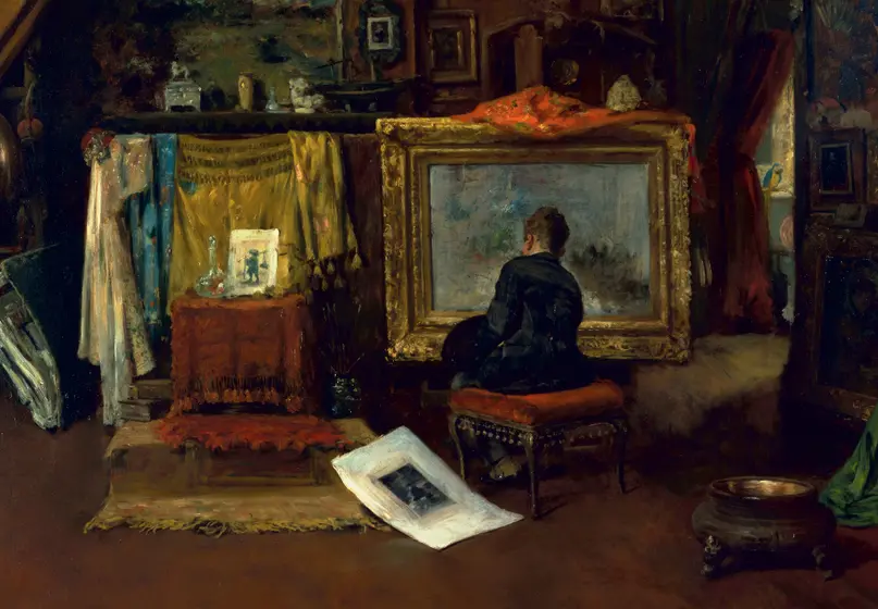 painting of woman sitting on stool painting a canvas with drawing on the floor