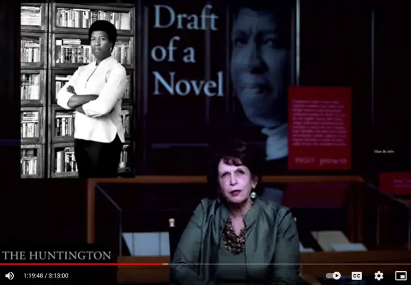 Huntington president Karen R. Lawrence in front of Octavia E. Butler image