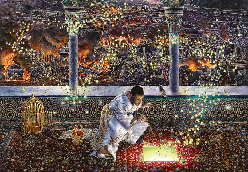 An enamel artwork featuring a person and a dog looking at a glowing square on an ornate carpet.