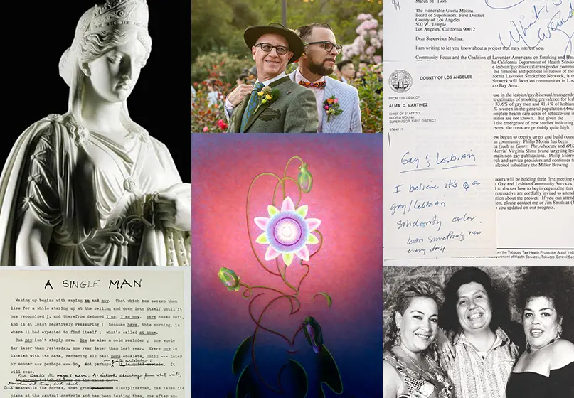 A collage of images depicting artworks, photos, and written text that reference LQBTQ+ artists, events, and authors in The Huntington's collections.