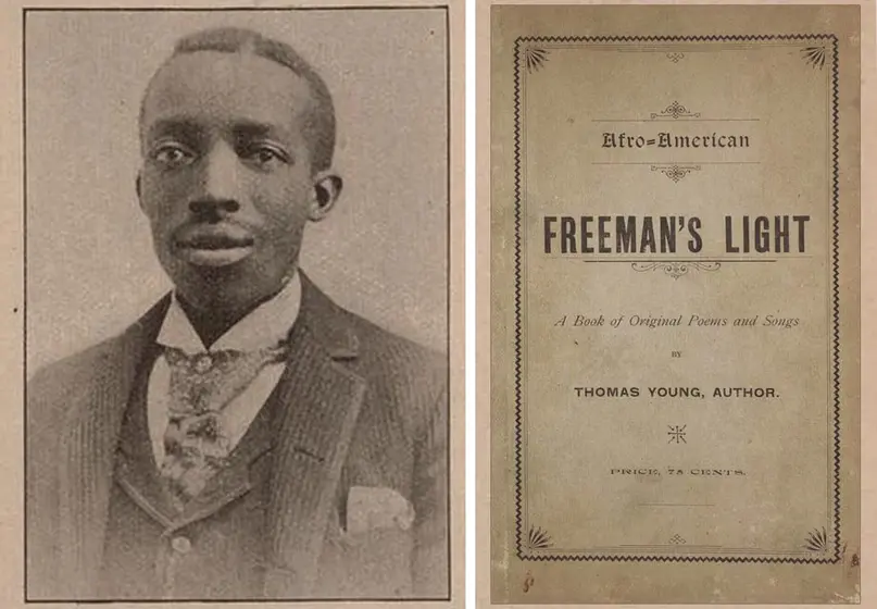 Black-and-white photo of Thomas Young (left) and the “Afro-American Freeman’s Light” book cover.