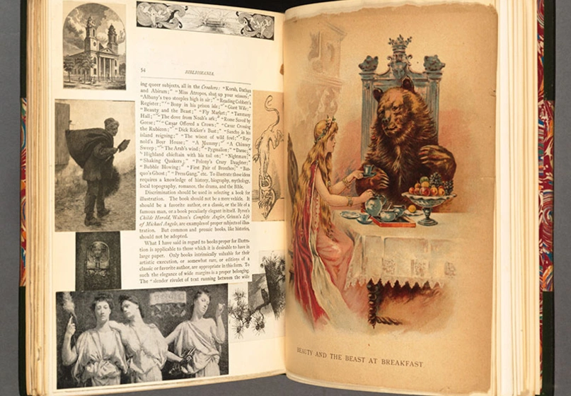 Open book with photos and illustrations.