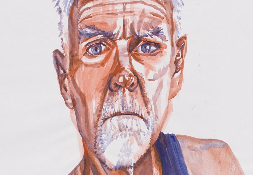 A painted portrait of a man with white hair wearing a blue tank top.